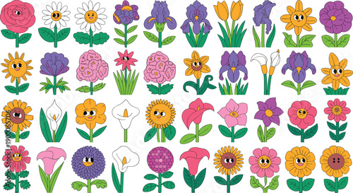 Cute cartoon flower illustration bundle. Colorful smiling flowers with different shapes and petals. Flat vector floral icons for kids design, stickers, nursery art, cards, and playful branding.