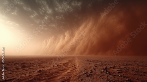 dust storm over Mars desert landscape. Red sandy ground with rocky texture, huge wall of swirling dust and clouds on horizon, dramatic light, sci-fi space scene.
