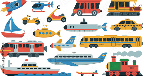 Transport vehicles cartoon icon pack. Land, air and water transportation in flat style. Colorful vehicle illustrations for education, apps and infographic design.