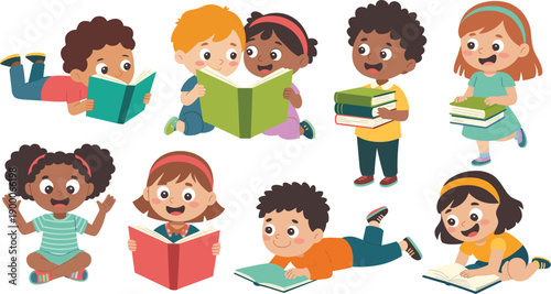 Children reading books cartoon vector set. Happy boys and girls studying and learning. Cute education illustration collection for school, library and kids design.