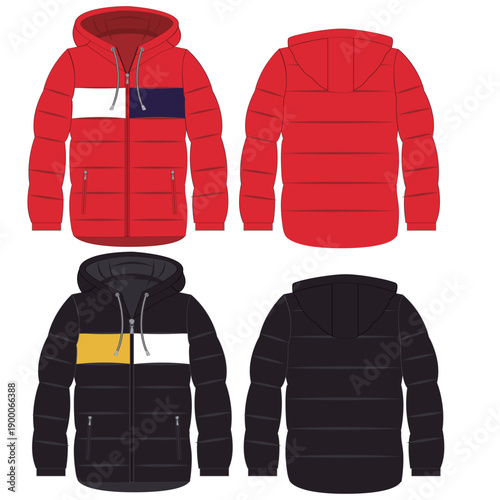 Standing Collar Winter Coat Technical Fashion Illustration. Quilted Puffer Jacket Vector Template. Cropped Silhouette. Horizontal Quilting. Welt Pockets. Relaxed Fit. Unisex Outerwear. CAD Mockup set.