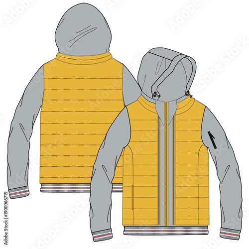Standing Collar Winter Coat Technical Fashion Illustration. Quilted Puffer Jacket Vector Template. Cropped Silhouette. Horizontal Quilting. Welt Pockets. Relaxed Fit. Unisex Outerwear. CAD Mockup set.