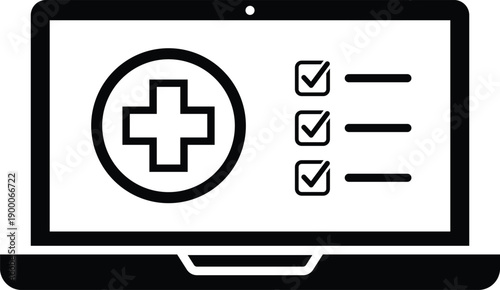 Black laptop screen medical cross and checklist with three completed