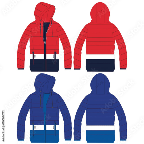 Standing Collar Winter Coat Technical Fashion Illustration. Quilted Puffer Jacket Vector Template. Cropped Silhouette. Horizontal Quilting. Welt Pockets. Relaxed Fit. Unisex Outerwear. CAD Mockup set.