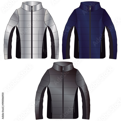 Standing Collar Winter Coat Technical Fashion Illustration. Quilted Puffer Jacket Vector Template. Cropped Silhouette. Horizontal Quilting. Welt Pockets. Relaxed Fit. Unisex Outerwear. CAD Mockup set.