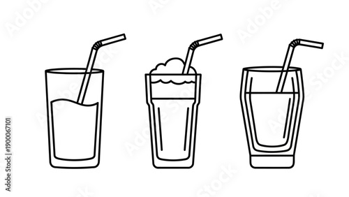 Illustration of three glasses with straws, varying in design and liquid level, viewed from a straightforward perspective.