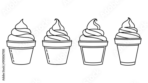 Four ice cream cups in a row, illustrated in a simple line art style, viewed directly from the front.