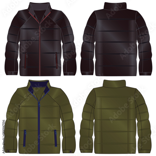 Standing Collar Winter Coat Technical Fashion Illustration. Quilted Puffer Jacket Vector Template. Cropped Silhouette. Horizontal Quilting. Welt Pockets. Relaxed Fit. Unisex Outerwear. CAD Mockup set.