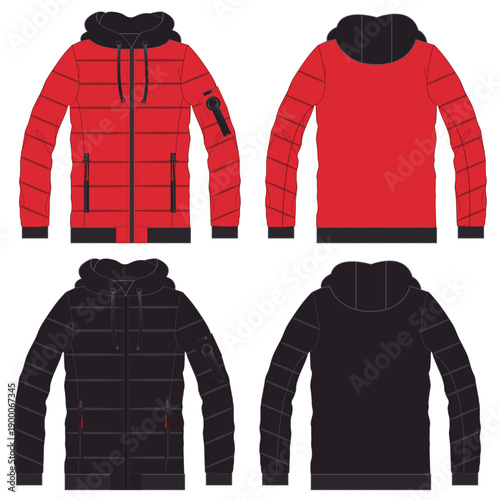 Standing Collar Winter Coat Technical Fashion Illustration. Quilted Puffer Jacket Vector Template. Cropped Silhouette. Horizontal Quilting. Welt Pockets. Relaxed Fit. Unisex Outerwear. CAD Mockup set.