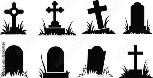Graveyard tombstones with crosses, cemetery headstones, memorial stones, burial markers, religious symbols, grass surrounding graves, vintage cemetery icons