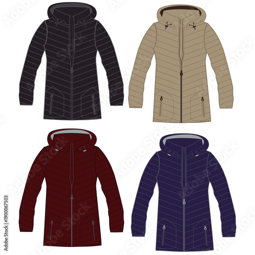 Standing Collar Winter Coat Technical Fashion Illustration. Quilted Puffer Jacket Vector Template. Cropped Silhouette. Horizontal Quilting. Welt Pockets. Relaxed Fit. Unisex Outerwear. CAD Mockup set.