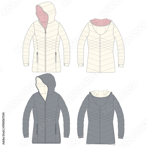 Standing Collar Winter Coat Technical Fashion Illustration. Quilted Puffer Jacket Vector Template. Cropped Silhouette. Horizontal Quilting. Welt Pockets. Relaxed Fit. Unisex Outerwear. CAD Mockup set.