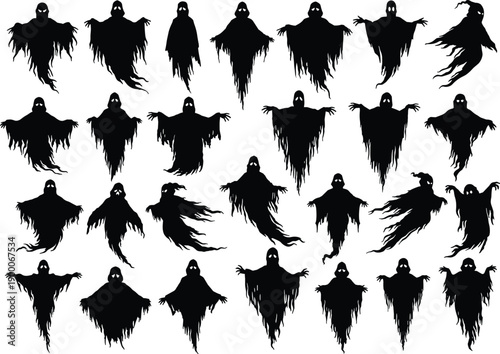 Halloween ghost silhouettes, spooky spirit icons, haunted horror shapes, scary phantom clipart, creepy ghoul figures, supernatural monster design, eerie illustration set