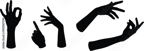 Hand gesture silhouette collection, human hand vector illustration set, communication sign artwork, body language design, cad drawing flat vector illustration