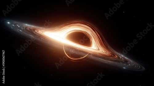 Ultra-realistic vertical image of a black hole with glowing white-orange photon rings and accretion disk. At the center is a perfectly dark circular shadow

