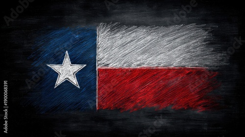 Texas flag drawn with chalk on a black background showing blue, white, and red colors with a single star sighted on the left side