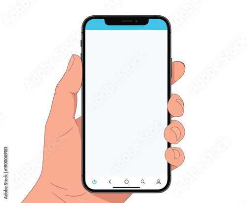 Illustration of a hand holding a smartphone with a blue header and a blank white screen. The phone has icons along the bottom bar, depicting a minimalist style.