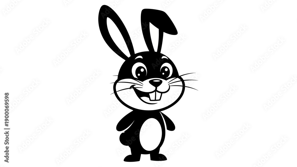 Fototapeta premium Whimsical black and white cartoon rabbit illustration with a cheerful expression and big ears
