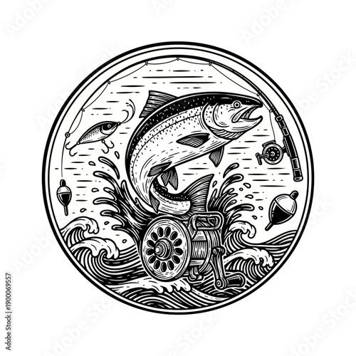 Vintage Illustration of a Salmon Leaping Out of Water While Fishing