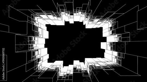 Abstract Digital Tunnel of Geometric Shapes and Lines, Futuristic Technology Concept