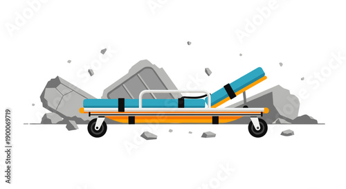 Emergency stretcher beside rubble from a collapsed building  