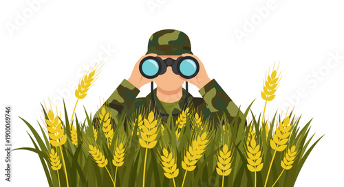 Soldier observing landscape with binoculars in wheat field  