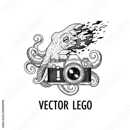 Creative octopus holding vintage camera, hand-drawn photography art illustration
