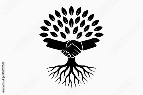 Tree with handshake symbolizing cooperation and unity, black and white design