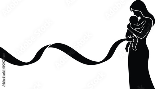 Mother holding infant baby with flowing ribbon design element silhouette vector illustration for motherhood love care and family bond concepts
