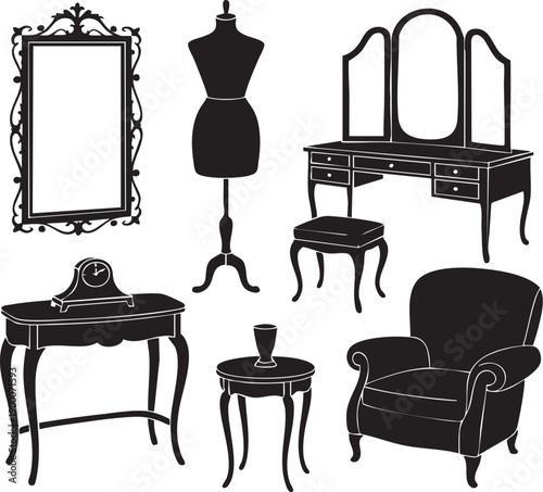 Black silhouette illustration of vintage dressing room furniture and accessories