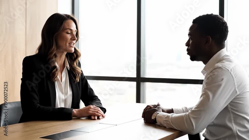 Businesswoman conducting job interview or performance review with male candidate in office