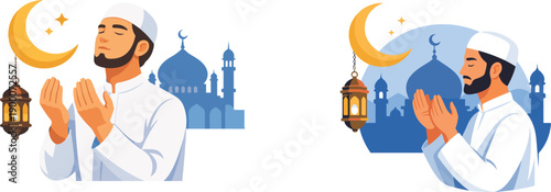Ramadan vector illustration, muslim man praying dua, hijab woman monajat, hands raised prayer, ramadan lantern, crescent moon, mosque elements.