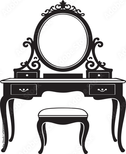 Ornate black vanity with mirror and stool elegant makeup station with drawers