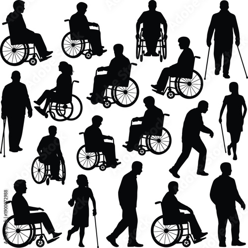 Disability silhouettes illustration, wheelchair users, crutches, walking cane, inclusive design, accessibility concept, diverse mobility, healthcare support, human diversity representation