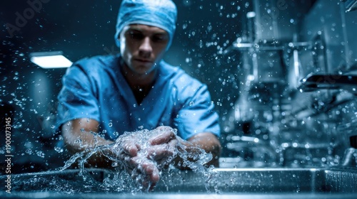 A surgeon washing his hands under running water in a hospital sink