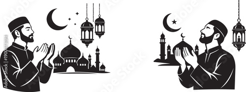 Ramadan vector illustration, muslim man praying dua, hijab woman monajat, hands raised prayer, ramadan lantern, crescent moon, mosque elements.