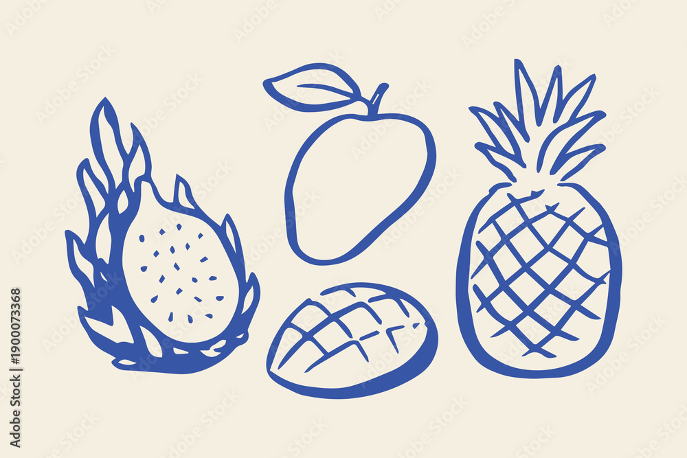 Obraz premium Tropical fruits doodle line art vector illustration
