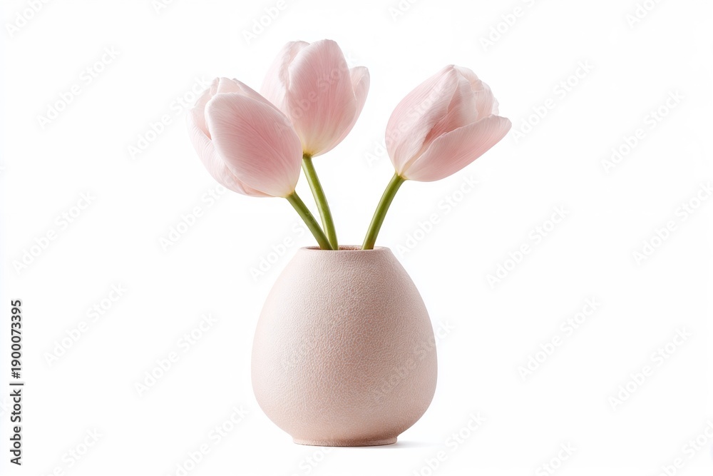 Obraz premium Pink tulips in textured vase on white background
