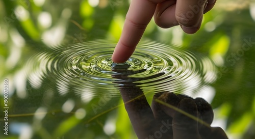 Finger touching water surface creating ripples in a serene natural setting