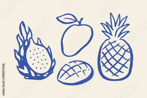 Tropical fruits doodle line art vector illustration