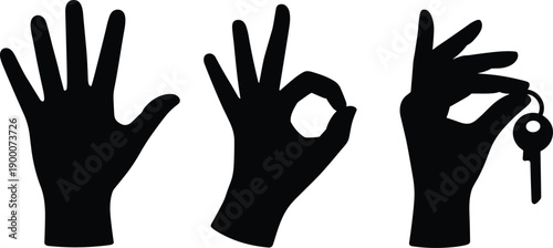 Hand gesture silhouettes illustration, open palm, OK sign, holding key, symbolic gesture, communication concept, access symbol, approval design, graphic art