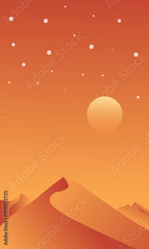 Minimalist desert scene with orange dunes, a celestial body, and stars.