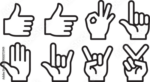 Eight Black Hand Gestures on White Background thumbs up