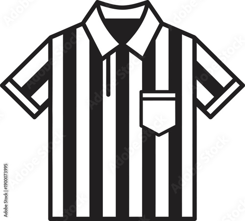 Professional black and white striped referee shirt vector with a front pocket. High-quality flat design ideal for sports officiating branding, umpire apparel logos, and official game authority graphic