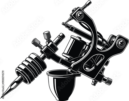 Black and white vector illustration of a professional induction tattoo machine with needle and ink cap for body art studio equipment and branding concepts