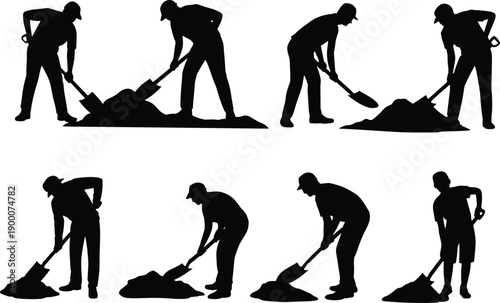 Shoveling silhouettes illustration, manual labor workers, digging soil, moving dirt, construction task, outdoor work, physical effort, ergonomic posture, agriculture