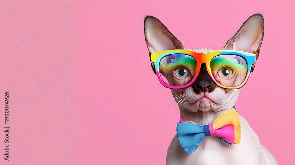 Fototapeta premium Stylish French Bulldog wearing colorful rainbow glasses and bow tie on pink background for trendy pet fashion and quirky animal portrait designs.