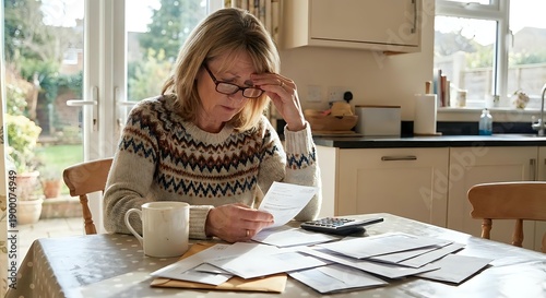 Stressed middle-aged Caucasian woman with glasses reviewing financial documents and bills at kitchen table with calculator and coffee mug during daytime.