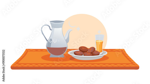 A simple, elegant setup on a Persian rug: a crystal carafe of water and a silver plate of dates catching the rays of the setting sun. No text.