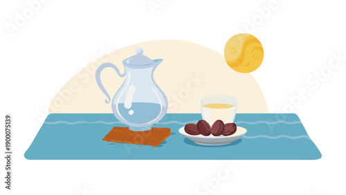 A simple, elegant setup on a Persian rug: a crystal carafe of water and a silver plate of dates catching the rays of the setting sun. No text.